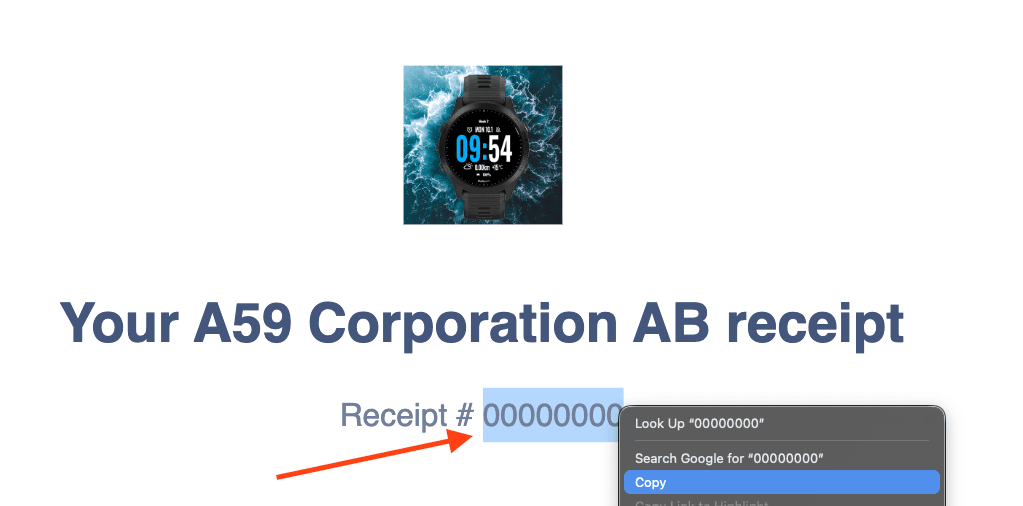 Example email receipt with highlighted receipt number