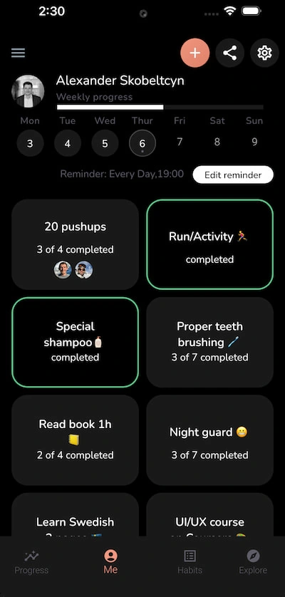 Yourhabit cards for running and brushing teeth